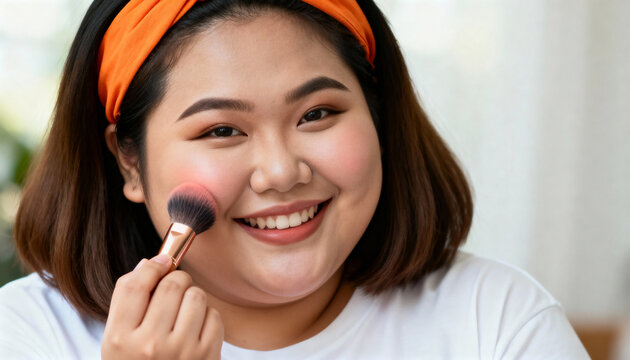 Smiling plus-size Asian woman applying blush with a makeup brush. Portrait of a happy young female during her daily beauty routine