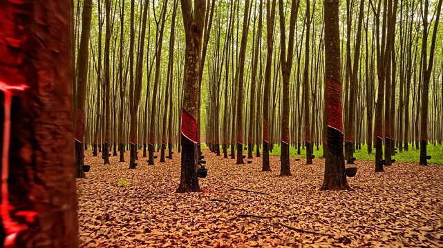 Rubber Tree Plantation Tapping Process Natural Latex Extraction Forest.