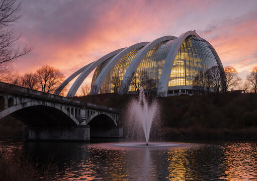 A large, modern conservatory with striking glass arches glows brightly against a colorful twilight sky, reflecting over the water next to an historic stone arch bridge and a spraying fountain.