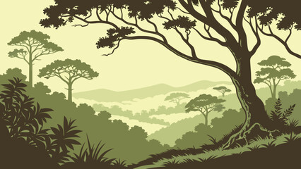 Fototapeta premium Lush rainforest opening with layered foliage, light streaks through canopy, soft natural saturation