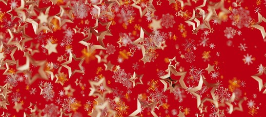 Christmas stars and snowflakes falling on a vibrant red background. Perfect for holiday greetings, festive designs, and winter celebr