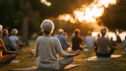 Ultra HD Group of seniors practicing yoga in nature at sunset, finding inner peace and balance through mindfulness and meditation in a serene outdoor setting with golden light - Powered by Adobe