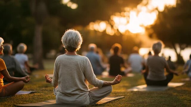 Ultra HD Group of seniors practicing yoga in nature at sunset, finding inner peace and balance through mindfulness and meditation in a serene outdoor setting with golden light - Powered by Adobe