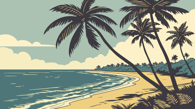 Tropical beach with palm shadows on sand, realistic water gradient, clear sky with minimal clouds