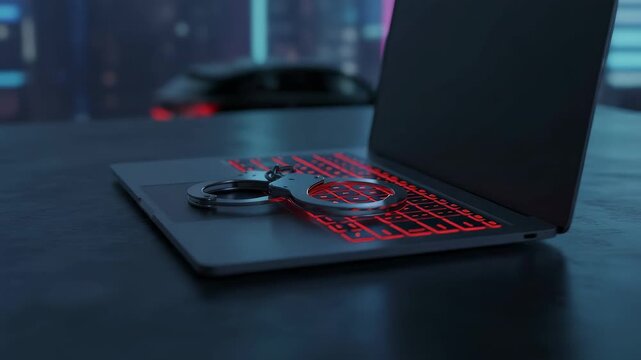 Metal handcuffs resting on the illuminated keyboard of a modern laptop with a dark, futuristic city skyline in the background, symbolizing cybercrime, internet piracy and online fraud