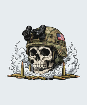 Skull wearing military helmet surrounded by ammunition in smokey background