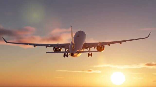 Large commercial passenger airplane approaching the runway for landing during a beautiful golden hour sunset, with the landing gear deployed and wings steady against the colorful sky