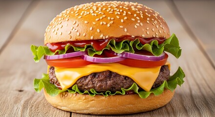 Studio shot: a fully loaded hamburger with sesame seed bun and bright layers of vegetable toppings on rustic wood.
