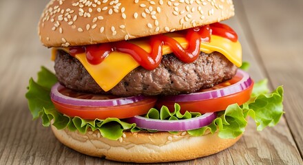 A delicious fast-food classic: tall cheeseburger with fresh green lettuce and a prominent zigzag of ketchup.