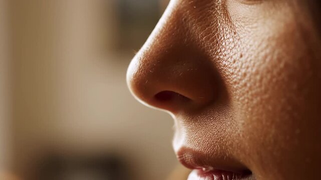 Extreme close up of a person's nose and mouth in profile, focusing on the subtle movements of breathing. The detailed shot highlights the texture of the skin and the gentle rhythm of respiration