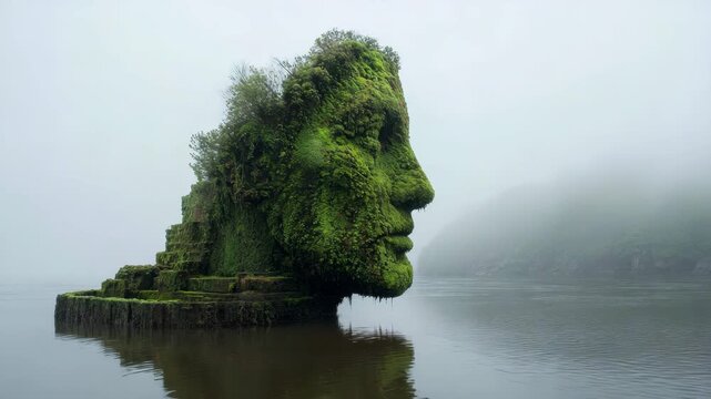 Moss covered rock shaped like human face  
