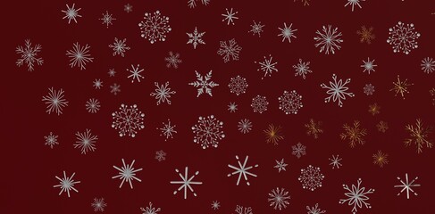Festive winter background featuring elegant snowflakes in silver and gold, against a rich maroon backdrop. Perfect for holiday design