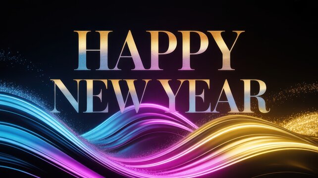 Happy new year greeting with sparkling abstract glowing waves
