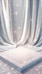 A shimmering, luxurious white podium or product display pedestal on a sparkling floor, framed by flowing, silky white curtains. Elegant and glamorous background