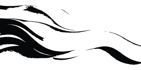 Abstract black brush strokes on white background, dynamic fluid wavy lines