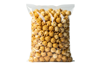 Sweet crispy caramel popcorn in sealed transparent retail bag isolated on transparent background