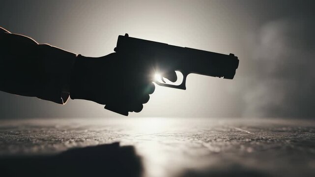 Close up silhouette of a man's hand with a pistol moving slowly downwards over a table in a dark, mysterious room, creating a suspenseful and dramatic atmosphere for a crime or thriller concept