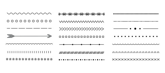 A set of varied graphic elements including dashed lines, dotted lines, solid lines, and arrow designs for use as dividers.
