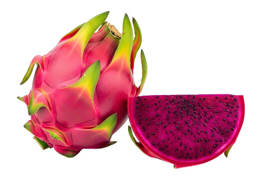 Whole and sliced red pitahaya fruit, vibrant tropical healthy isolated on transparent background