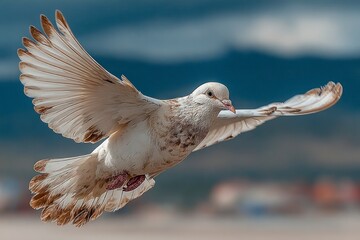 White peace bird flying in blue sky backgroundmage