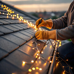 Installing christmas lights on roof for holiday season
