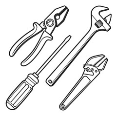 Hand tools set with adjustable wrench, pliers and screwdrivers isolated on