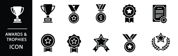 Celebrate success with these sleek awards icons featuring trophies, medals, and certificates for business, education, or sporting achievements