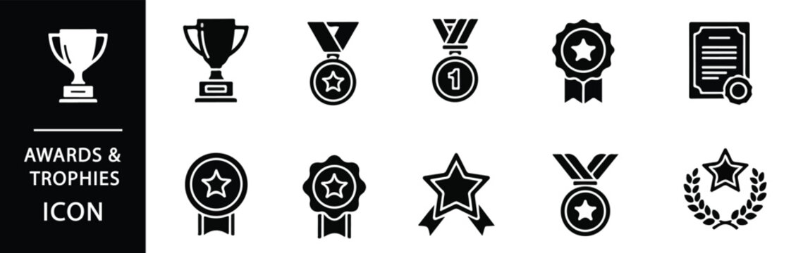 Celebrate success with these sleek awards icons featuring trophies, medals, and certificates for business, education, or sporting achievements