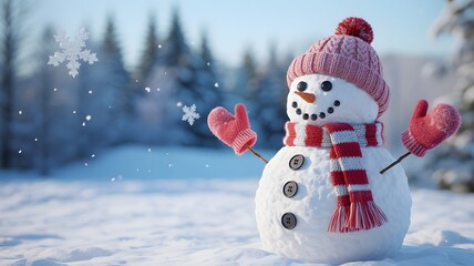 Happy snowman with red hat and gloves in a snowy winter landscape with falling snowflakes