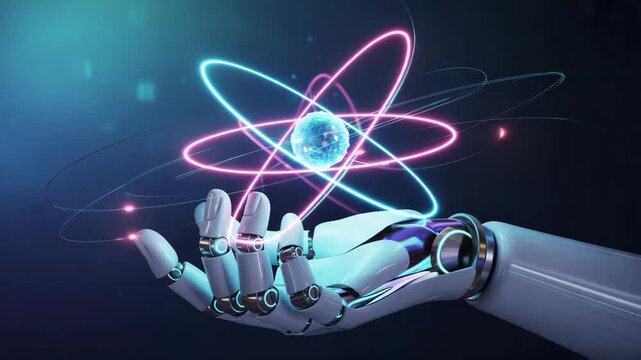 Advanced robotic hand gracefully holding a glowing atomic particle with orbiting energy rings against a dark futuristic background - Powered by Adobe