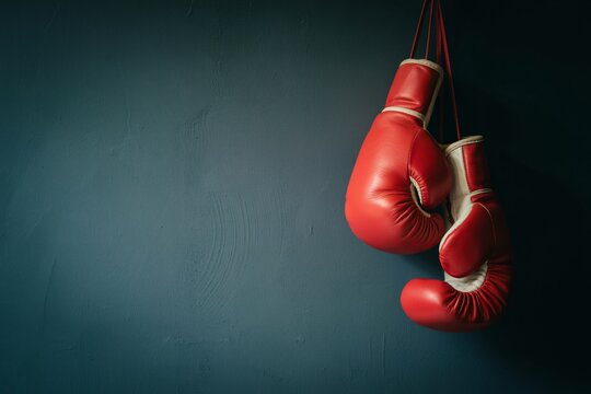 Red boxing gloves hanging on wall for fitness training and combat sport concept