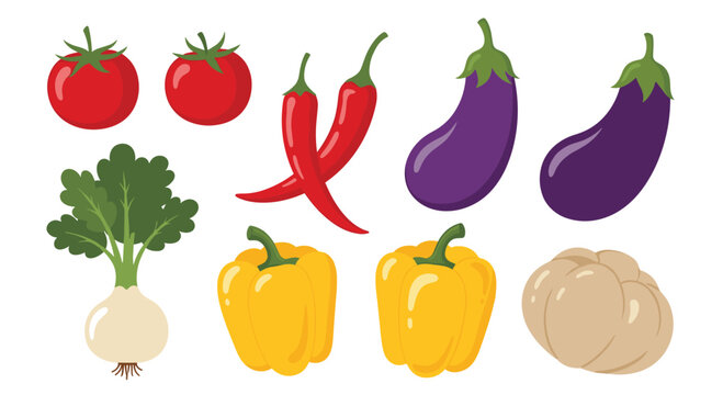 A colorful assortment of fresh vegetables including tomatoes chili peppers eggplants bell peppers cabbage and radishes for healthy cooking and nutrition. - Powered by Adobe