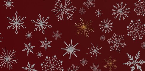 Christmas and New Year snowflakes. Gold and silver snowflakes on red background. Festive winter holiday pattern, abstract design for