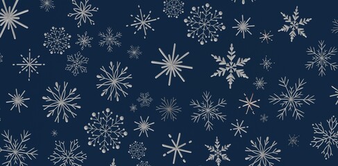Abstract Christmas and winter design with white snowflakes on dark blue background. Festive, modern...