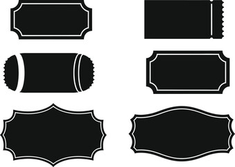 Collection of six black silhouettes of vintage and modern ticket shapes and labels for design