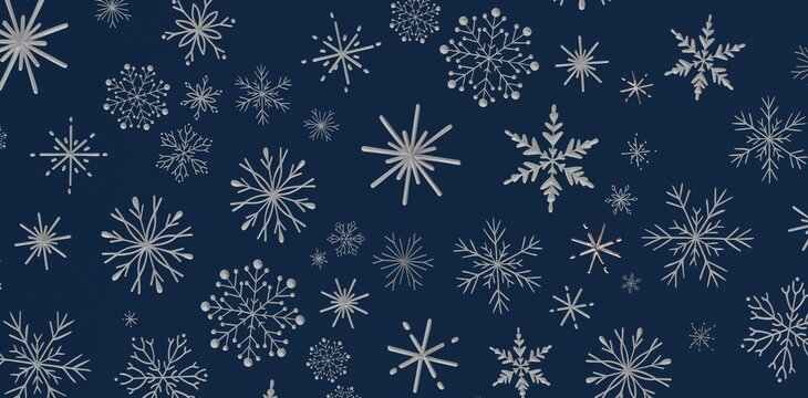 Abstract Christmas and winter design with white snowflakes on dark blue background. Festive, modern pattern illustration per