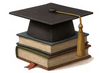 Graduation cap mortarboard with tassel on stack of educational university books, symbolizing academic achievement knowledge and learning