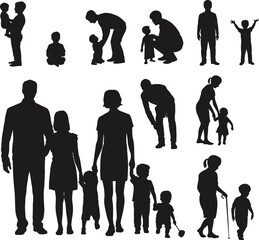 Fototapeta premium Family silhouette collection showing parents with children in various standing, walking, caring, playful poses for vector illustration