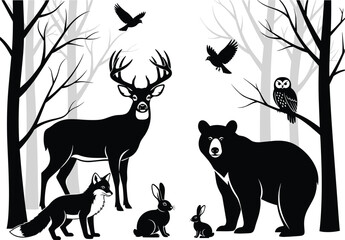 Forest animals silhouettes, woodland wildlife scene, deer, bear, fox, rabbits, owl, birds, trees, nature habitat, flat vector illustration