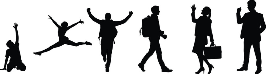 Silhouette diverse people jumping walking waving celebrating success energetic movement active lifestyle human figures isolated illustration collection