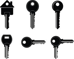 Key silhouettes set, house key icon, security symbols, lock shapes, vintage keys, modern keys, flat vector illustration