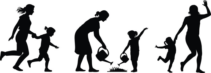 Silhouette family gardening and playing together, joyful children activities, nurturing nature, happy parents bonding, outdoor care illustration