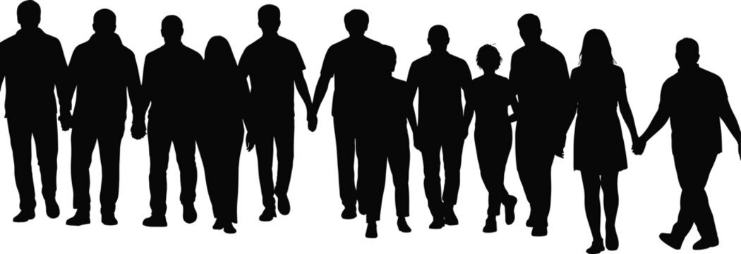 Silhouette diverse group of people walking together holding hands, unity community teamwork support concept, togetherness cooperation illustration