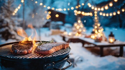 Grilled steaks on barbecue in winter garden with festive lights and snow-covered surroundings