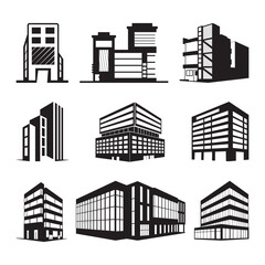 Building icons vector set. apartment illustration sign collection. skyscraper symbol. architecture, bank, office icon designs in black isolated