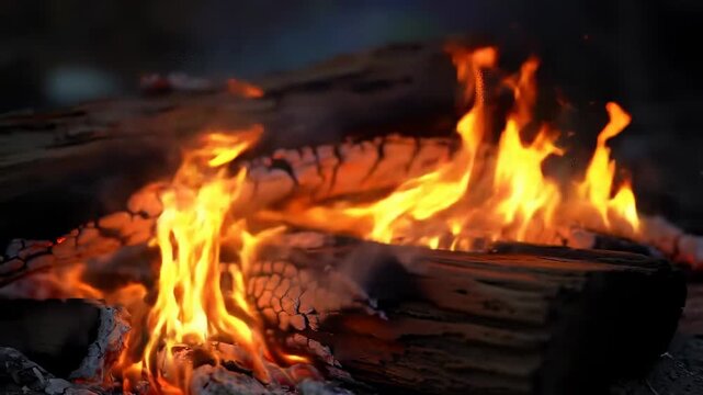 Campfire burns brightly, flames dancing over split logs. Heat radiates against blurred dark background, sparks flying