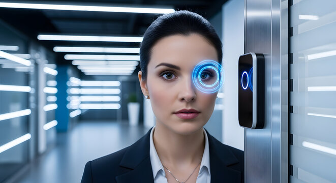 Futuristic security system scanning womans eye for access control in modern building
