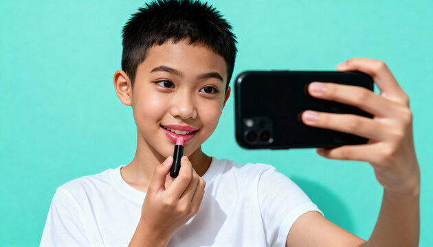 A young Asian boy applies pink lipstick while recording a video on his phone. Male beauty blogger creating content for social media. Modern youth and gender self-expression