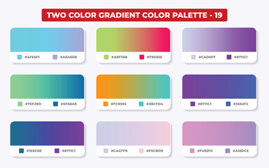 Collection of nine twocolor gradient color palettes with hex codes