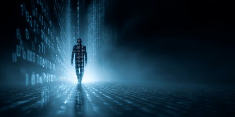 Digital Human Figure Emerging from Binary Code in a Dark Futuristic Environment Representing Technology and Data Transformation